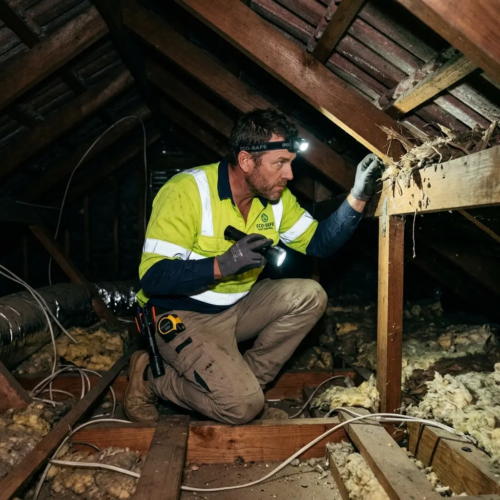 Technician inspecting a roof cavity for a dead animal in Auburn