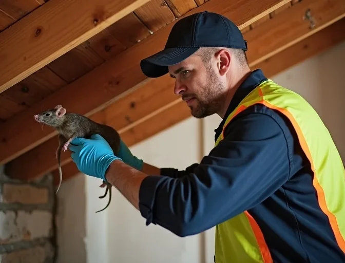 Technician inspecting a roof cavity for a dead rat in Auburn
